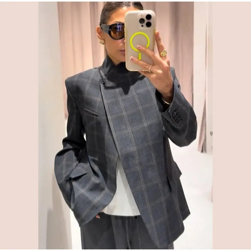 Irregular Plaid Blazer Jacket Women Fashion Stand Collar Full Sleeve Split Loose Short Coat 2026 Lady Daily Commute Outerwear