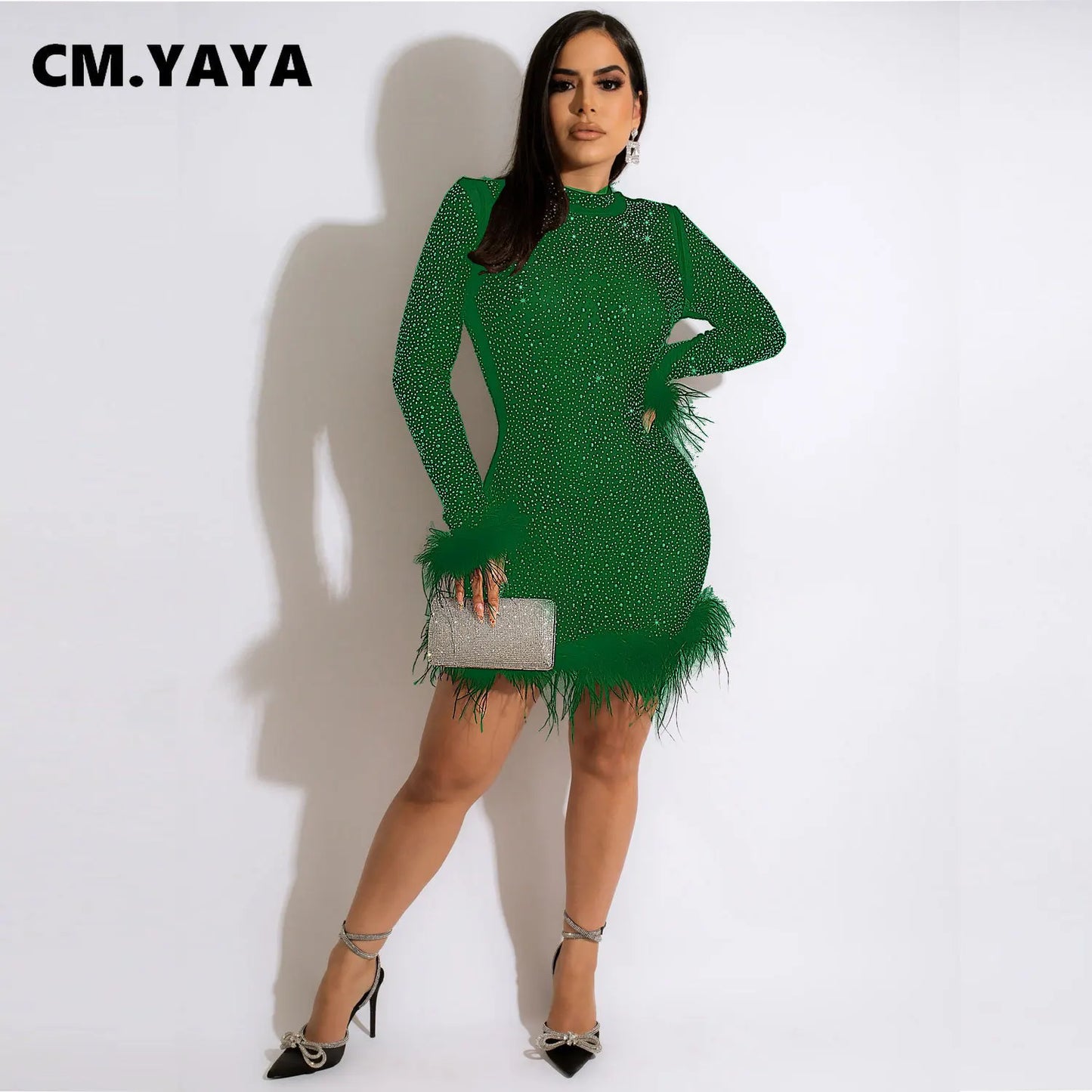 CM.YAYA Elegant Hot Rhinestones Diamonds Crystal Women Fur Hem Long Sleeve Bodycon Midi Dress Chic Party Club Even Prom Dresses