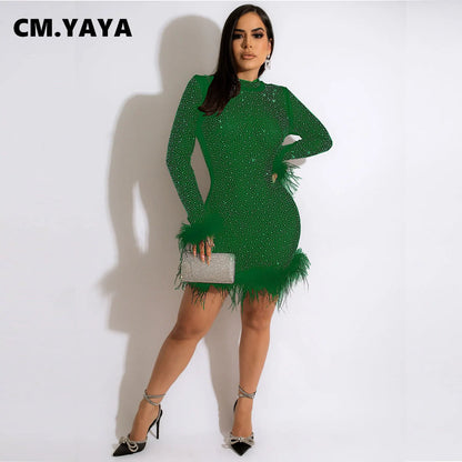 CM.YAYA Elegant Hot Rhinestones Diamonds Crystal Women Fur Hem Long Sleeve Bodycon Midi Dress Chic Party Club Even Prom Dresses