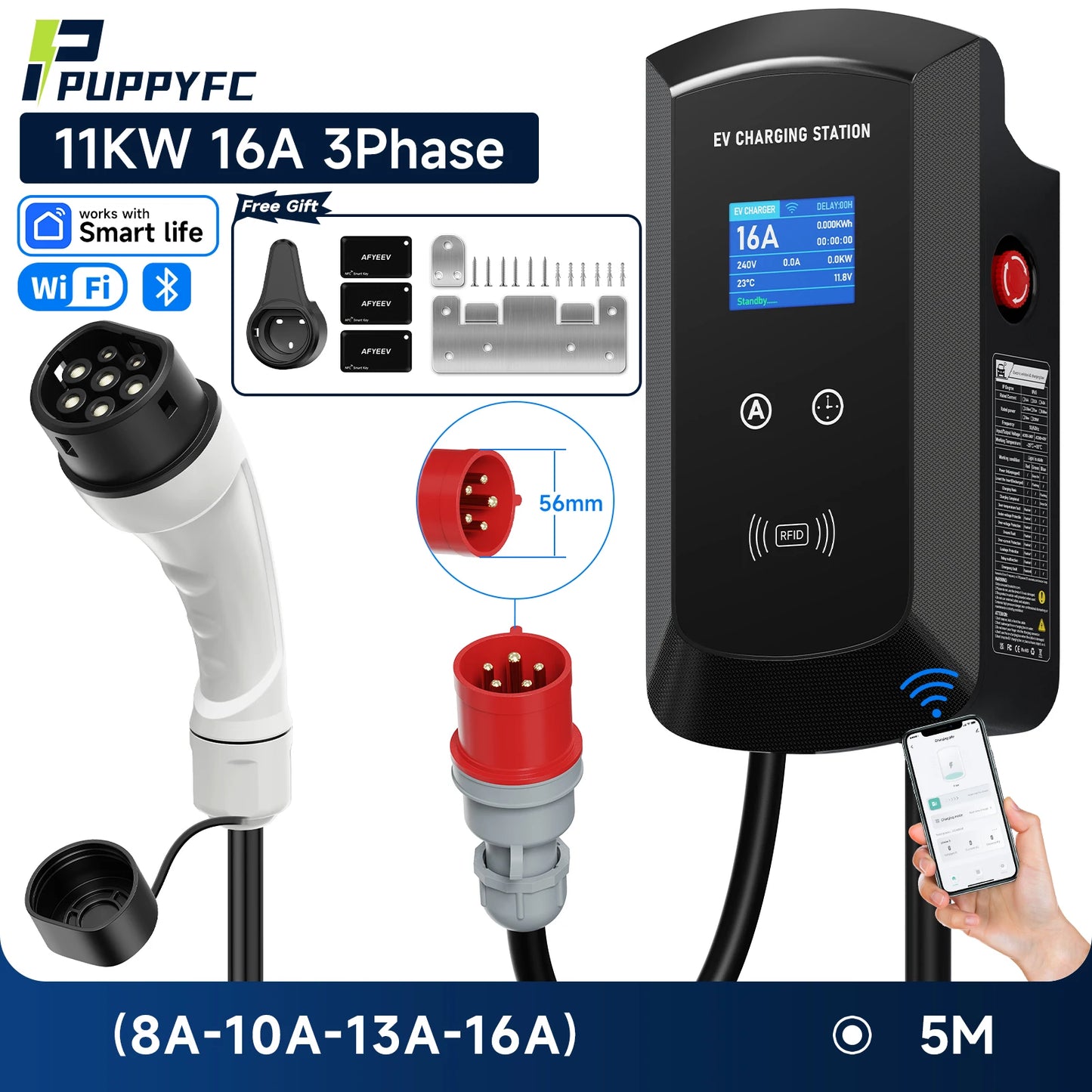 Puppyfc EV Charger 32A 7.6KW Electric Vehicle Car Charger EVSE Wallbox 11KW 22KW 3Phase Type2 5m IEC62196-2 Socket APP Control