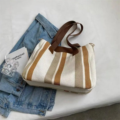 Tote Bag for Women Large Capacity Canvas Striped Shoulder Bag with Cute Pendant Commute Handbag Casual Versatile Crossbody Bag