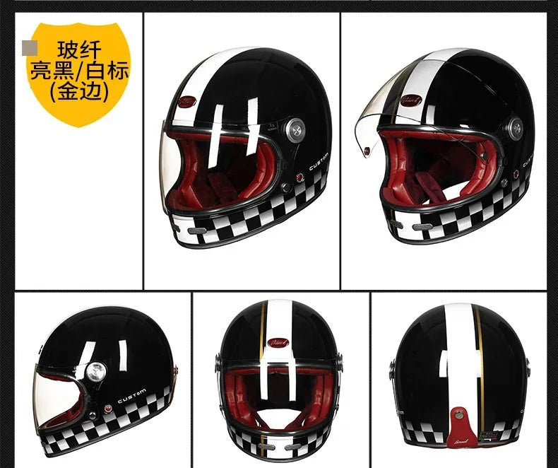 BEON Lightweight Fiberglass Full Face Helmet for Men Women Retro Motorcycles Helmet Cool and Personalized Karting Helmet B510
