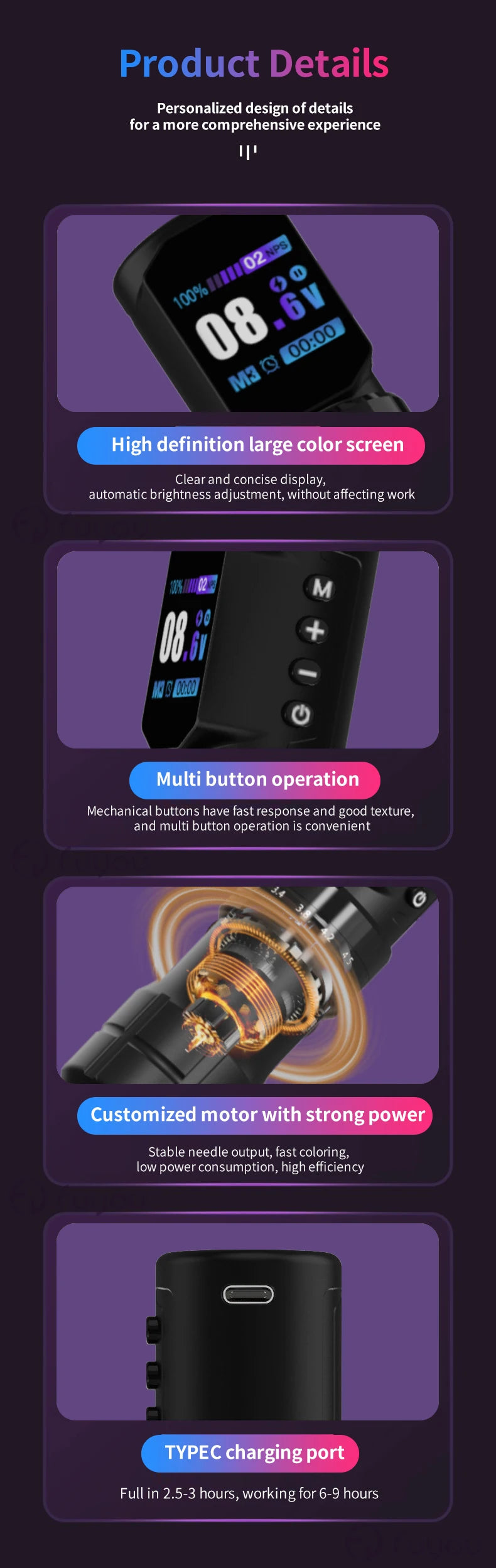 POPEIRONS Pro U Brave1.0 Wireless Tattoo Pen with Adjustable Stroke Tattoo Pen FM Cut Line and Fog