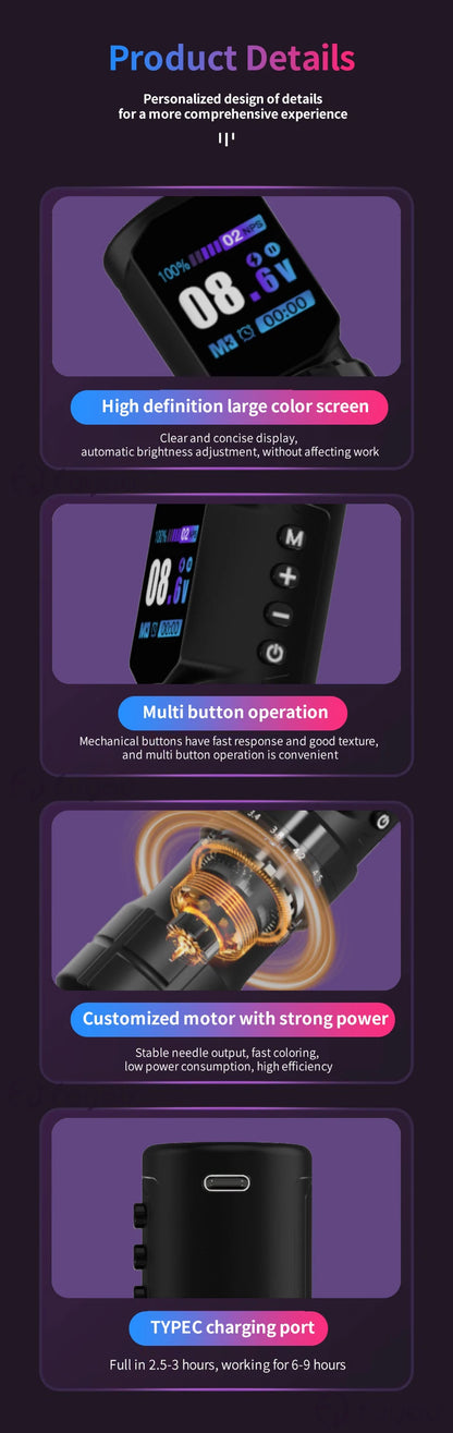 POPEIRONS Pro U Brave1.0 Wireless Tattoo Pen with Adjustable Stroke Tattoo Pen FM Cut Line and Fog