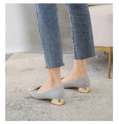 Womens Light Blue Glitter Pointed Toe Block Heel Pumps With Gold Square Buckle Detail Metallic Heel Elegant Dress Shoes Ladies