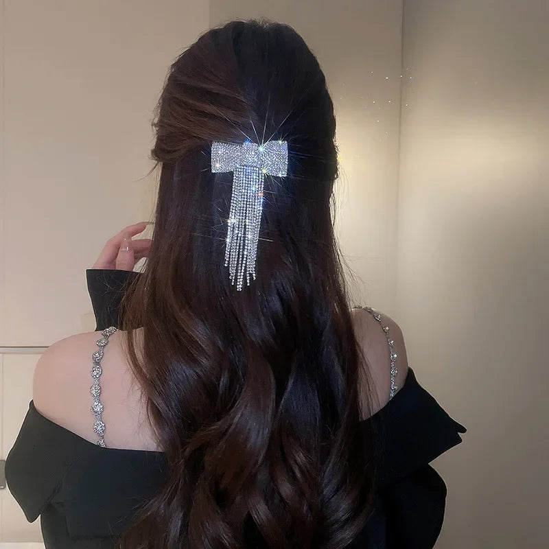 Rhinestone Bow Fringe Hairpin for Women Fashion Temperament Hair Clip Korean Light Luxury Hair Accessories Gold Silver Color