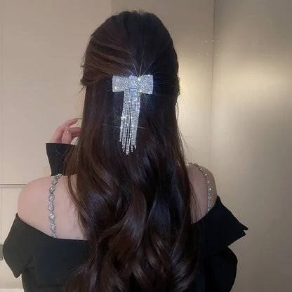 Rhinestone Bow Fringe Hairpin for Women Fashion Temperament Hair Clip Korean Light Luxury Hair Accessories Gold Silver Color