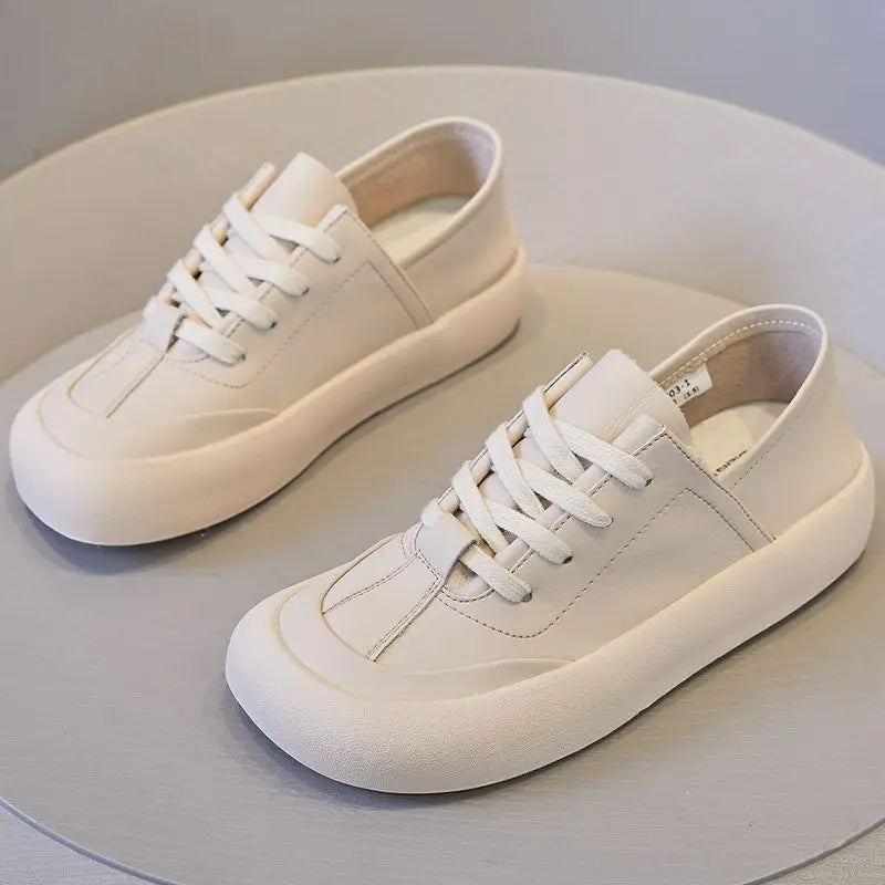 GKTINOO Genuine Leather Lace Up White Shoes For Women Flats Heel Sofe Soles Sneakers Shoes Luxury Leisure Fashion Big Head Shoes