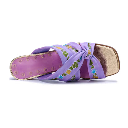 Purple Handmade Woman Slippers Luxury Party Banquet Shoes 6.5CM High Heels Summer Fashion Slide Lady Square Toe Bohemian Sandals