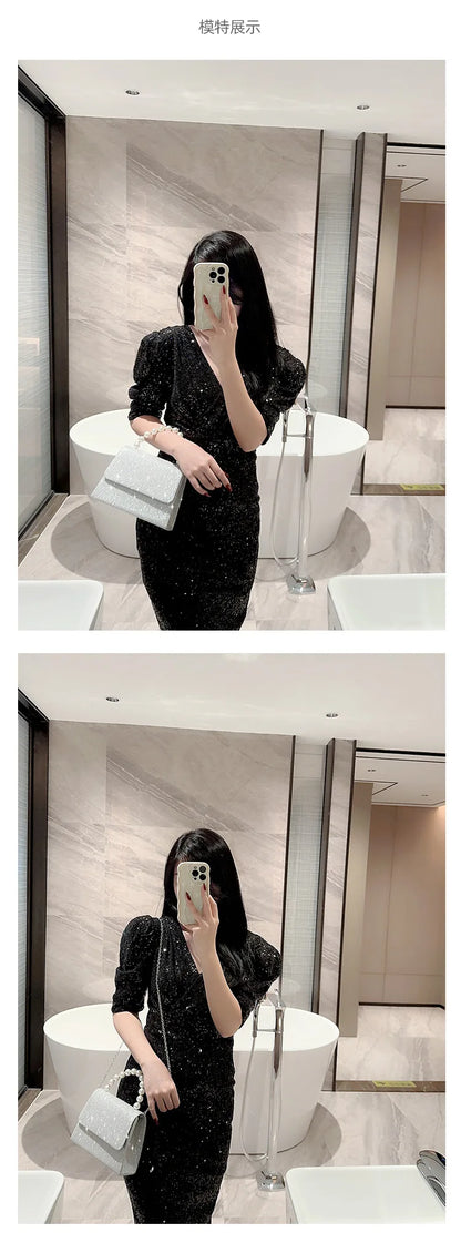 Pearl Chain Shoulder Bags Luxury Purse Gold Bright Silk Evening Bag Women Elegant Fashion Banquet Clutch Female Handbag bolsa
