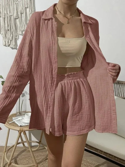 100% Cotton Gauze Muslin Sets For Women 2 Pieces Long Sleeve Shirts And Loose High Waist Mini Shorts Sets Ensemble Femme