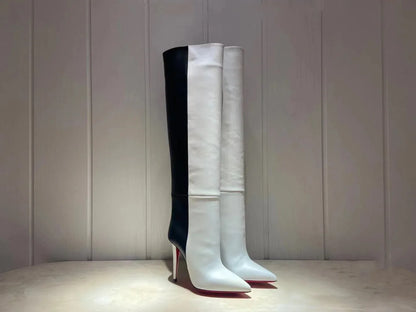 New European and American Women's Slim High Heels, Pointed Rivets, Knee Length Boots, Fashionable Party Oversized Mid Size Boots