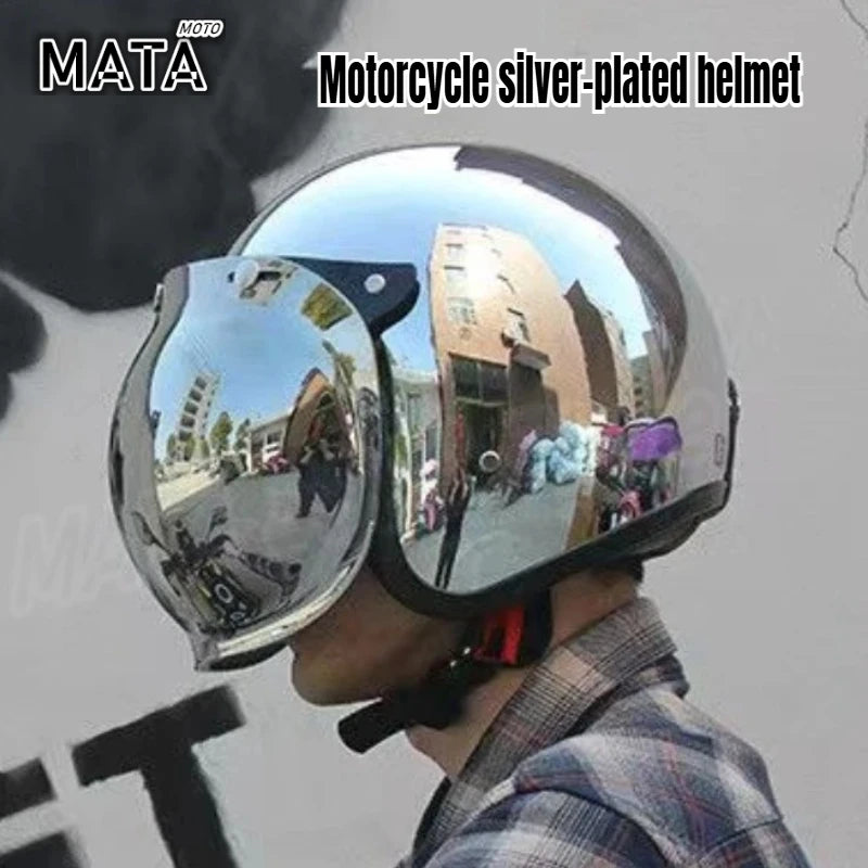 HOT Unique Silver Plating Open Face Retro Motorcycle Helmet Vintage Moto Chrome Helmet Sliver Jet Moto 3/4 Half Casco Casque