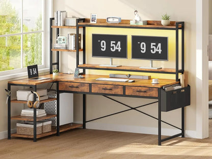 55" L Shaped Gaming Desk, Gaming Desk with Hutch & Drawers, Corner Computer Desk with Shelves and Storage, Customized
