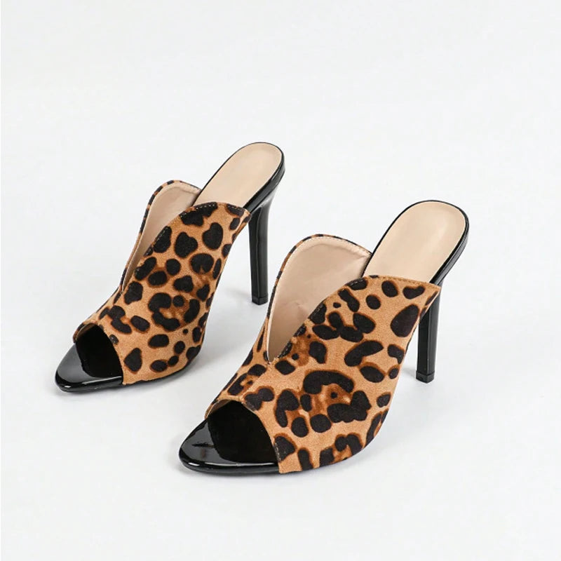 Leopard High Heels Summer Slippers Mules Women 2025 Sexy Open Toe Shallow Fashion Lady Sandals Party Slip on Slides