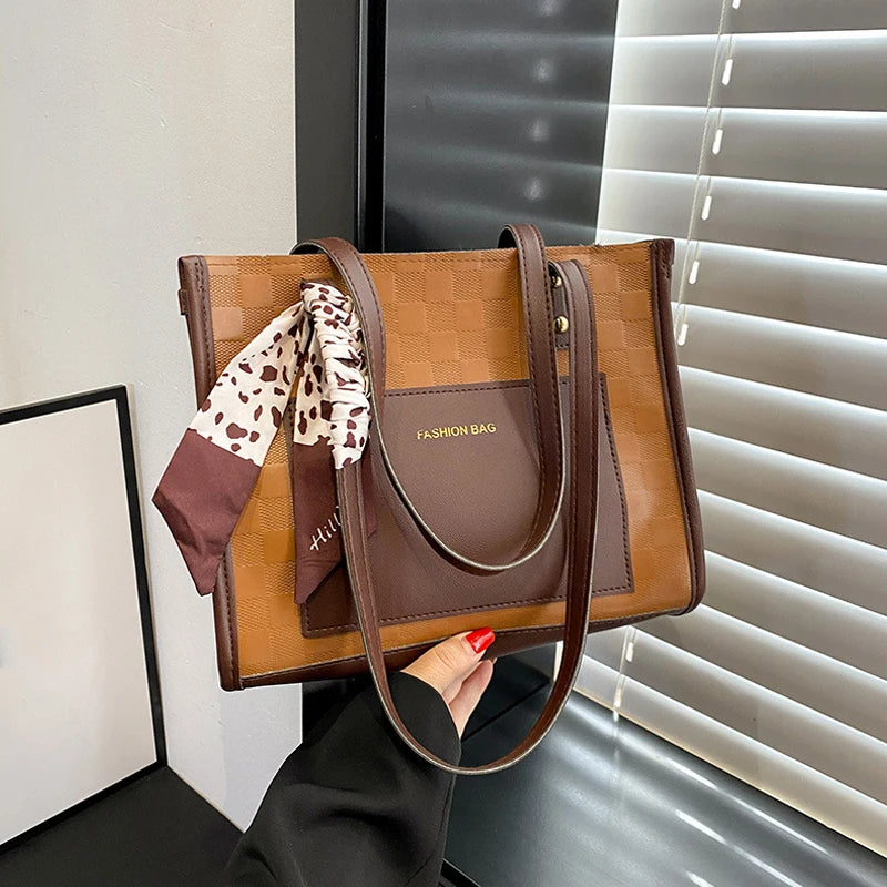 Patchwork Contrast Color Handbag Women's Casual Fashion Tote Bag Large Capacity Single Shoulder Bag Women's Silk Scarf Bag