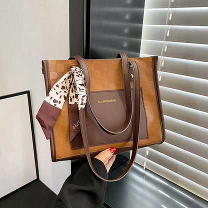 Patchwork Contrast Color Handbag Women's Casual Fashion Tote Bag Large Capacity Single Shoulder Bag Women's Silk Scarf Bag