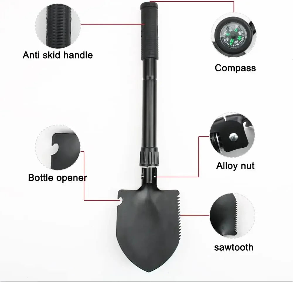 Foldable Portable Truck Mounted Engineer Shovel Camping Tent Outdoor Shovel Self-defense Survival Tool Compass Storage Bag
