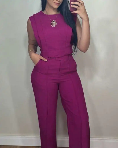 2026 Casual Solid Color Commuting Suit Spring And Summer New Fashion Sleeveless Loose Top With Straight Trousers Two-piece Set