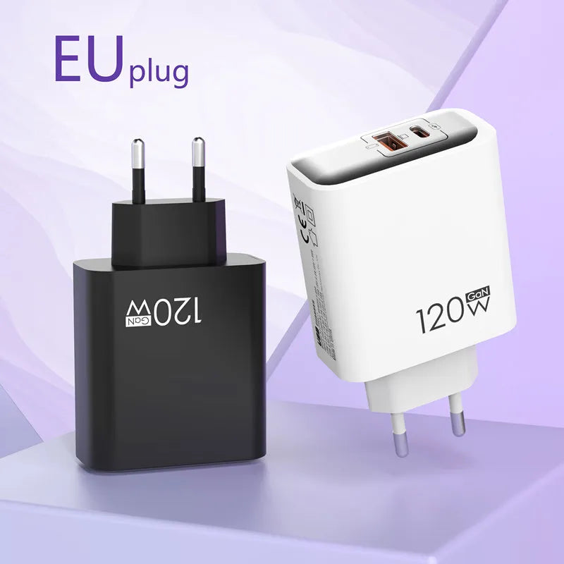 120W PD Fast Charger Type C Quick Charge USB C Wall Charger Adapter For iPhone 17 16 15 Samsung Xiaomi OPPO 2-in-1 Data Cable﻿﻿