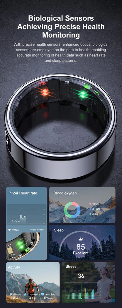 Touch Display Smart Ring R11C with Charging Box-1ATM Waterproof Step Health Tracker 5.2 BLE Heart Rate Blood Oxygen Monitor