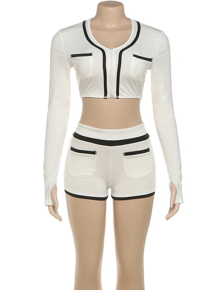 Joskaa 2025 Women's Patchwork Sporty 2 Piece Set Casual Full Sleeve Zip Crop Tops+Shorts Matching Tracksuits Y2k Streetwear