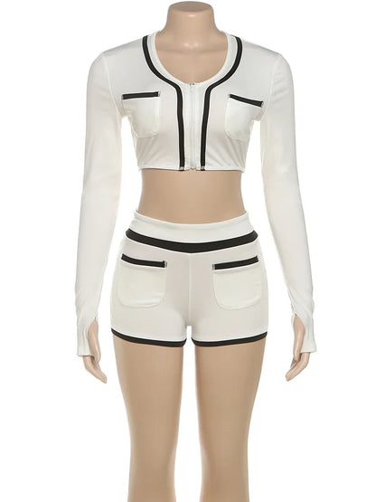 Joskaa 2025 Women's Patchwork Sporty 2 Piece Set Casual Full Sleeve Zip Crop Tops+Shorts Matching Tracksuits Y2k Streetwear