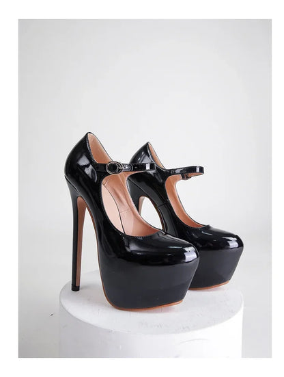Women Super High Heel 17CM Pumps Spring Autumn Platform Patent Leather Red Black Round Toe Buckle Strap Sexy Zapato De Tacón