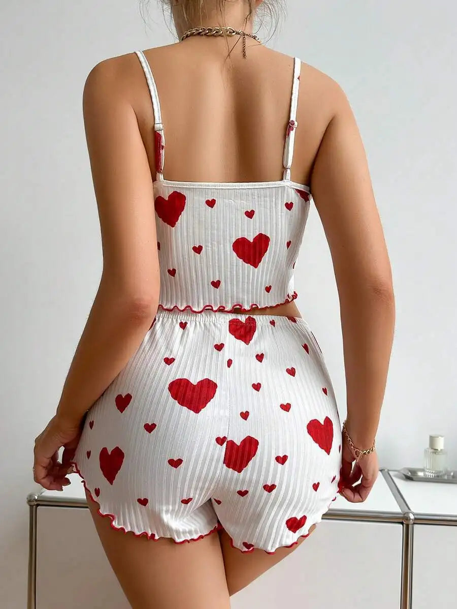 2 Pcs Women's Pajamas Set,Casual Sleepwear Printed Shorts Tank Tops And Shorts White Ventilate Soft Casual Love Printing Suits