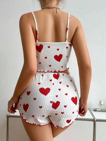 2 Pcs Women's Pajamas Set,Casual Sleepwear Printed Shorts Tank Tops And Shorts White Ventilate Soft Casual Love Printing Suits