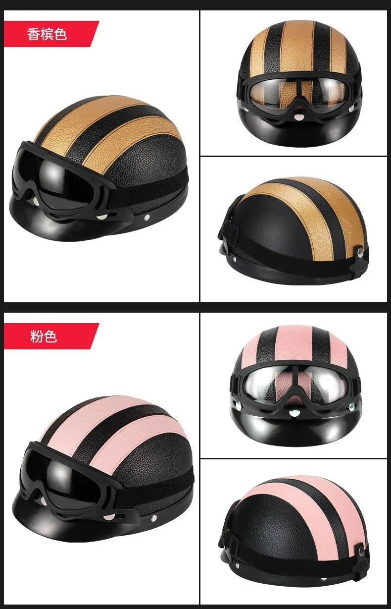 Retro Leather Half Helmet with Ear & Neck Protection - All-Season Cycling Safety Helmet