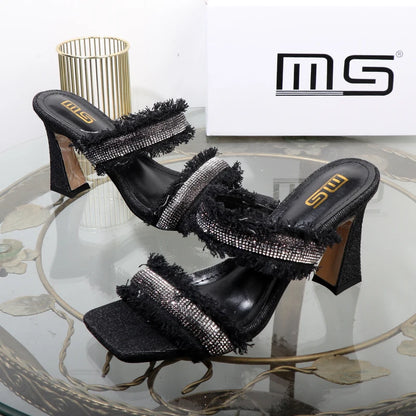 Denim women slippers 2025 new rhinestone plush stiletto heels women outdoor fashion women's slippers Luxury elegant women shoes