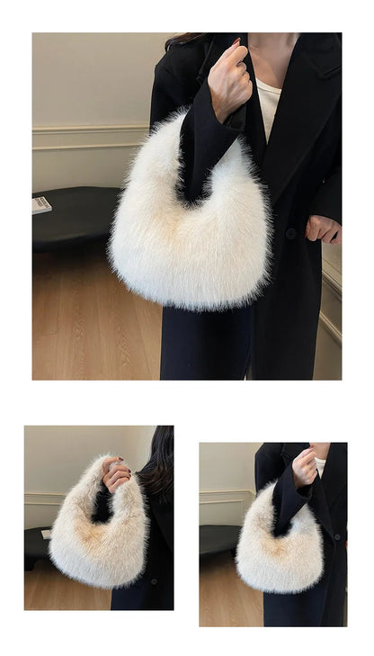 Solid Color Faux Fur Bag for Women Winter Soft Plush Handbags Ladies Small Elegant Tote Bags Fashion Trend Female Furry Purse