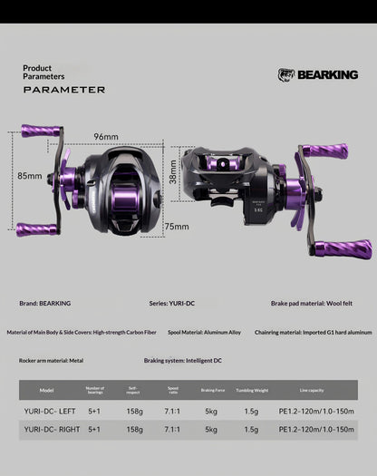 BEARKING YURI-DC Baitcasting Reel 5+1BB 7.1:1 158g Carbon Frame G1 Aluminum Gear Intelligent DC Brake Felt Drag Washer