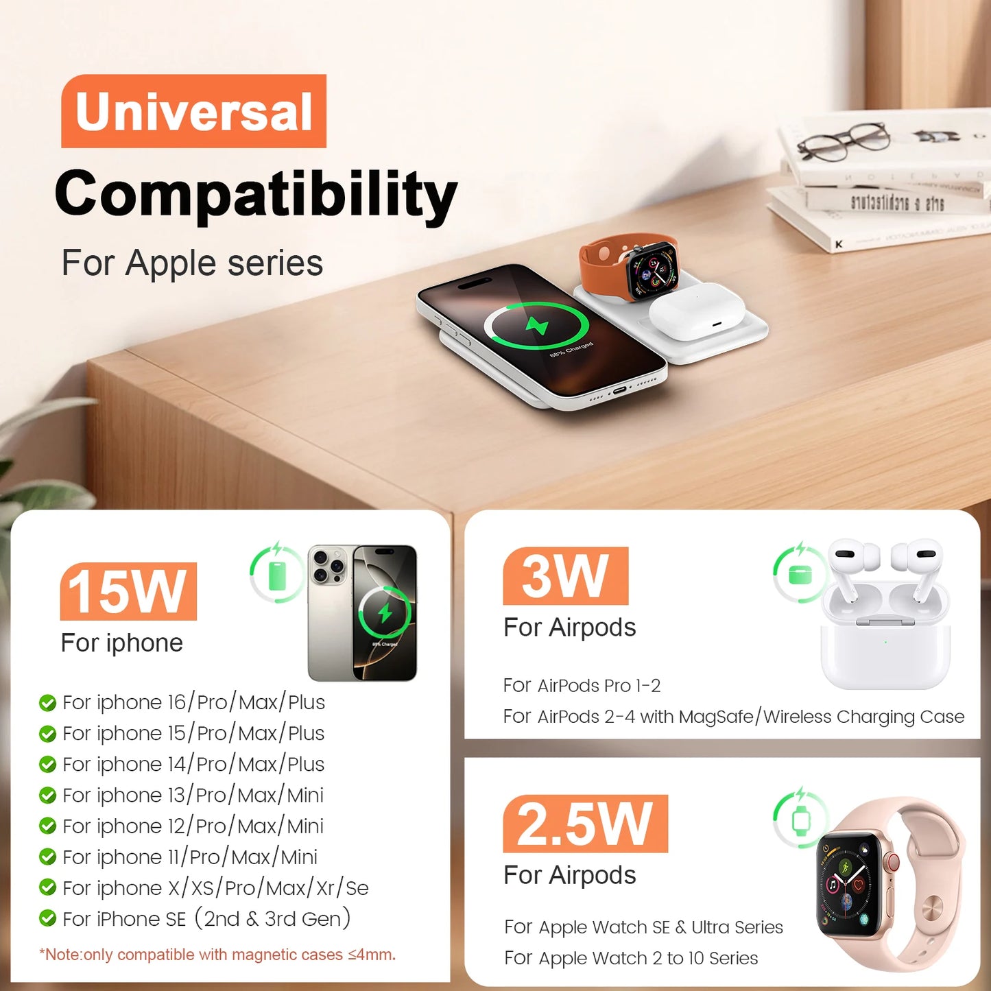 15W Wireless Chargers Magnetic 3 in 1 Foldable Stand Pad Dock Fast Charg Travel iPhone17 16 15 14 13 Pro Max Apple Watch Airpod