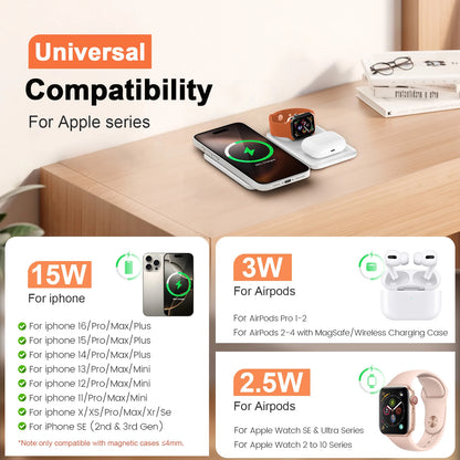 15W Wireless Chargers Magnetic 3 in 1 Foldable Stand Pad Dock Fast Charg Travel iPhone17 16 15 14 13 Pro Max Apple Watch Airpod