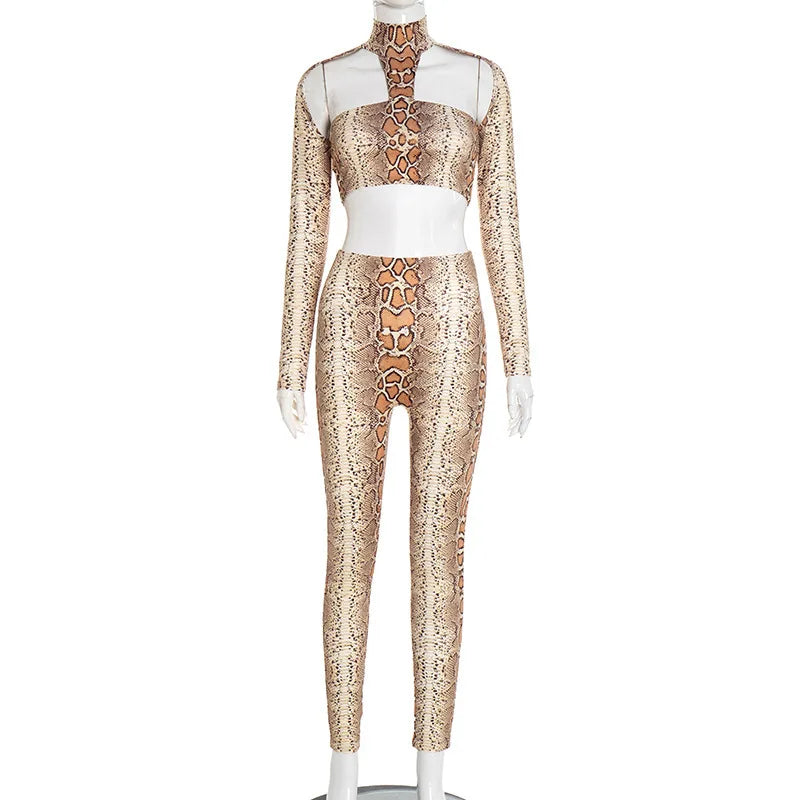 2026 Snake Print Sexy 2 Piece Set Women Spring Autumn Halter Long Sleeve Crop Tops+Pants Matching Stretch Streetwear Outfits