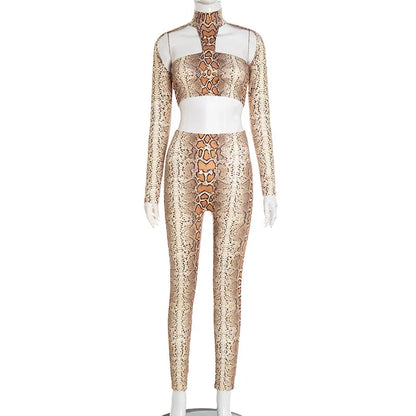 2026 Snake Print Sexy 2 Piece Set Women Spring Autumn Halter Long Sleeve Crop Tops+Pants Matching Stretch Streetwear Outfits