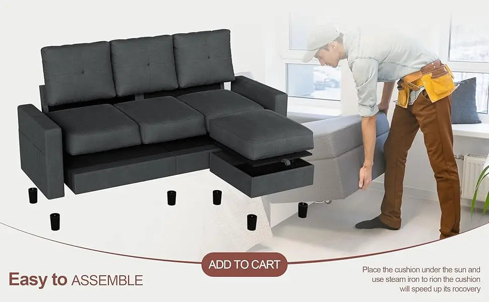 L-Shaped Couch 3 Seat Sofa Set with Linen Fabric and Ottoman Small Couch for Apartments, Black sofa set living room furniture