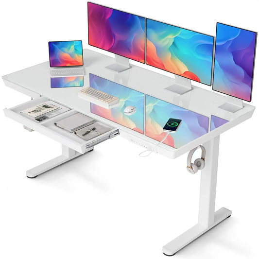 Glass Standing Desk with Drawers, 55 Inch Adjustable Stand Up Desk, Quick Install Home Office Computer Desk with, Customized
