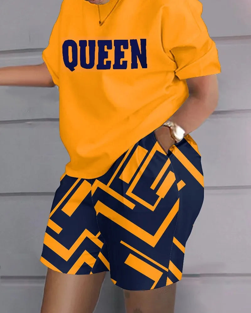 Ladies Casual Summer Two Piece Sets Printed Shorts Sets Women Round Neck Short Sleeve T Shirts Pullover High Waist Trousers Suit