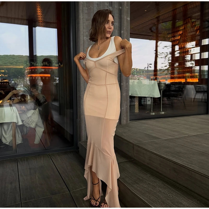 Sheer Mesh Overlay Lace Hem Slip Midi Dress Slim Spaghetti Strap 2026 Summer Elegant Women Bodycon Dress Trendy Date Lady Gown