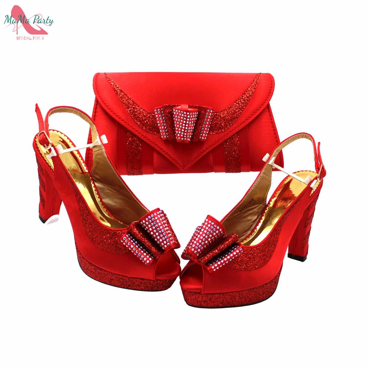 2025 Red Elegant Style Italian Women Shoes Matching Hand Bag Set  Slingbacks Sandals with Platform for Party