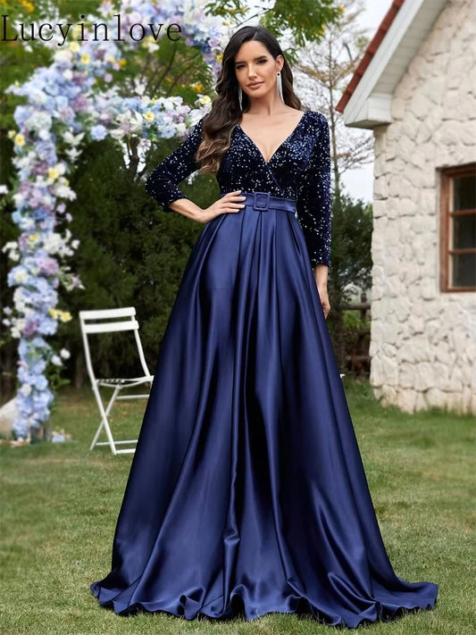 Lucyinlove Luxury Long Sleeve V-Neck Satin Formal Evening Dresses 2025 Elegant Wedding Party Sequins Women Prom Cocktail Gowns