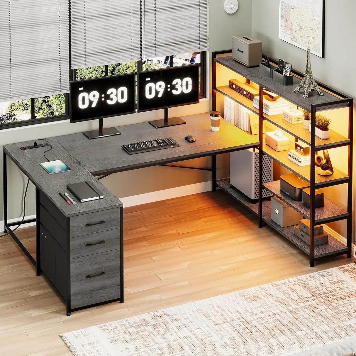 Computer Desk, Reversible U Shaped Office Desk with 3 Fabric Drawers and Power Outlet, Corner Gaming Desk with LED Lights