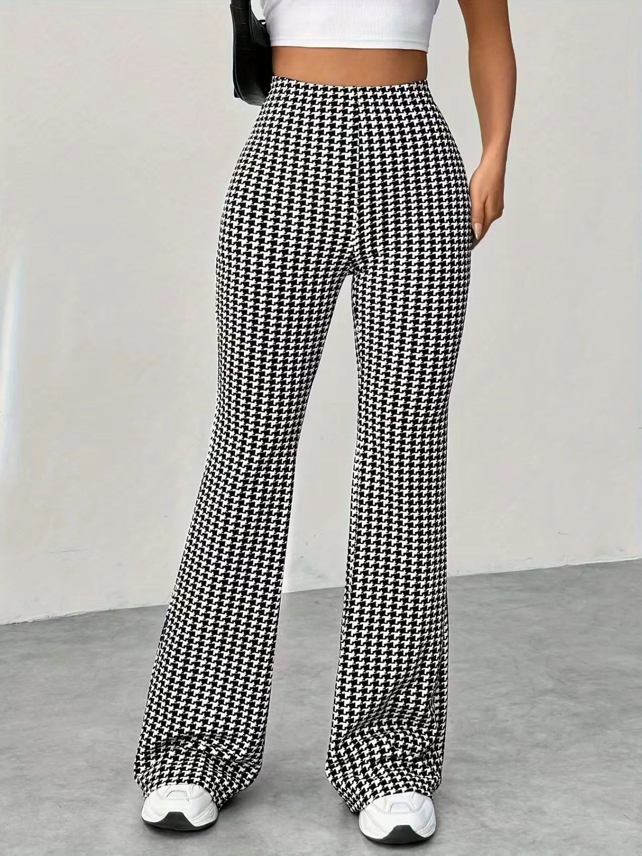 Elastic high waisted herringbone printed flared pants, fashionable casual pants, comfortable micro flared pants