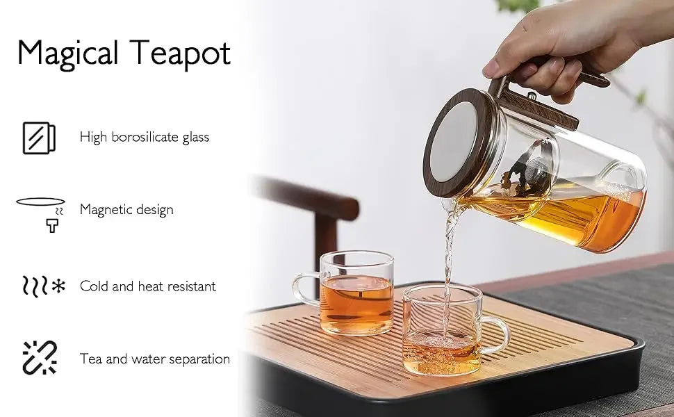 600ML Enchanti Tea Pot Glass Kettle Teapot with Wooden Handle One Click Switch Tea Filtration  Teapots Puer Tea Cup Set