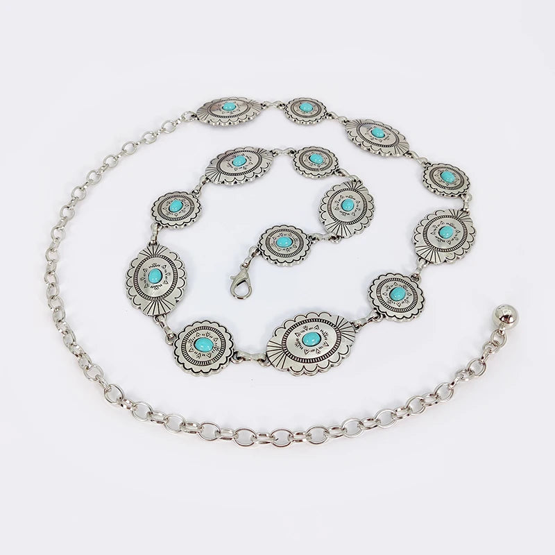 Fashion Silver Bohemian female circular waist chain luxury blue gemstone Ellipse chain belts for women suitable for Skirts dress