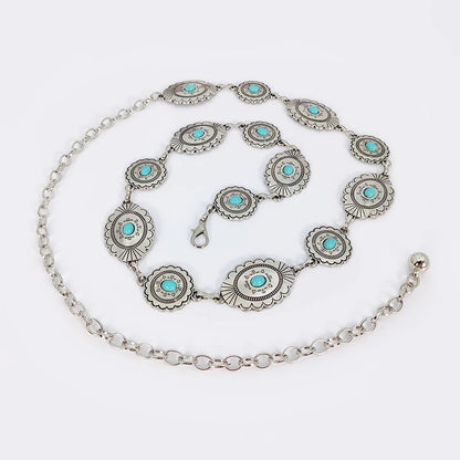 Fashion Silver Bohemian female circular waist chain luxury blue gemstone Ellipse chain belts for women suitable for Skirts dress