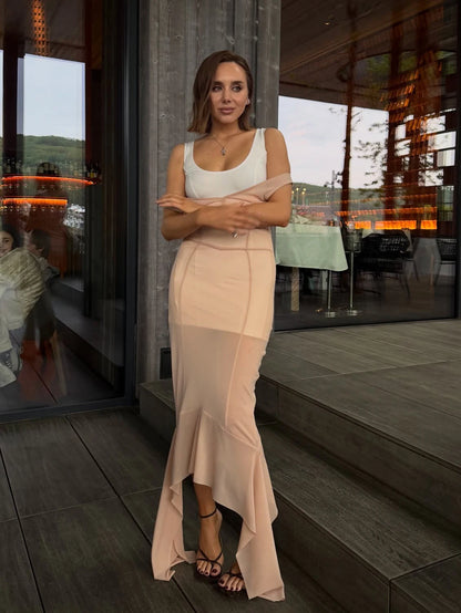 Sheer Mesh Overlay Lace Hem Slip Midi Dress Slim Spaghetti Strap 2026 Summer Elegant Women Bodycon Dress Trendy Date Lady Gown
